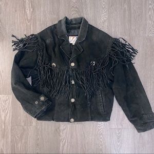 Vintage Distressed Suede Leather Bomber Jacket Black Fringe Western 80s Unisex